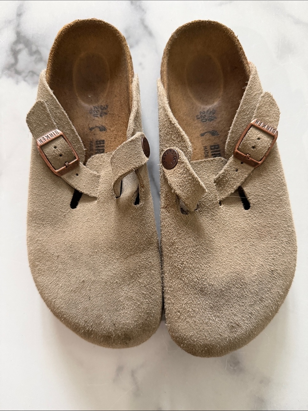 Birkenstock Kids Suede Clogs in Light Brown with Copper Buckles